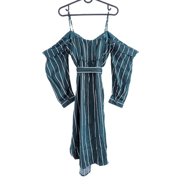 Bardot Paloma Teal Green Striped Cold Shoulder Dress US Size 6 (Small) - Picture 6 of 10